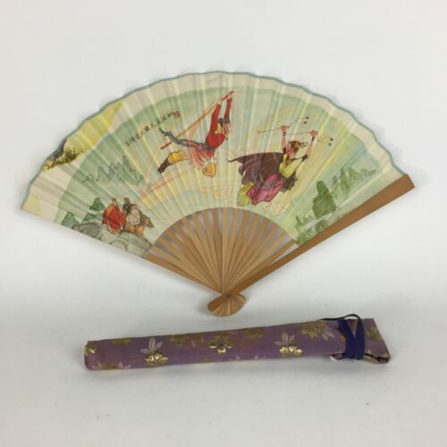 Japanese Folding Fan Vtg Sensu Paper Bamboo Frame Journey To The West 4d511