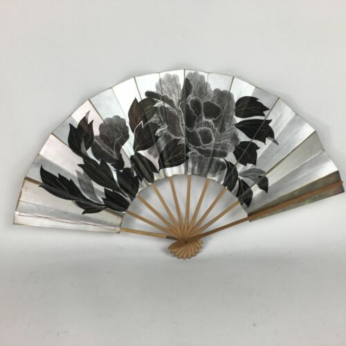 Japanese Folding Fan Vtg Sensu Paper Bamboo Frame Silver Black Flower 4d496