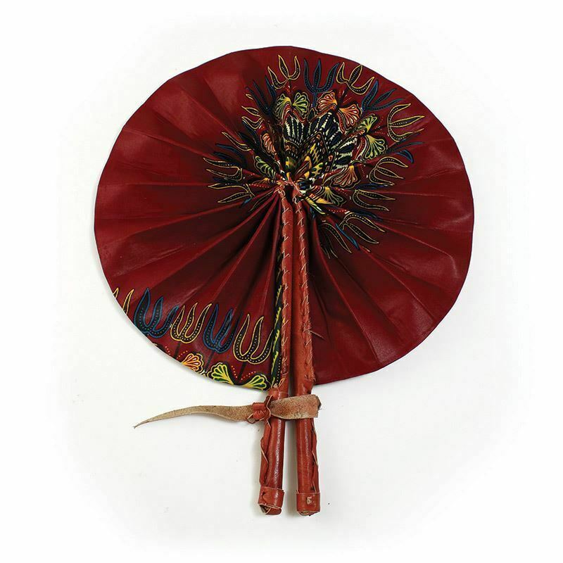 Traditional African Burgundy Leather Folding Fan | Folding Hand Fan